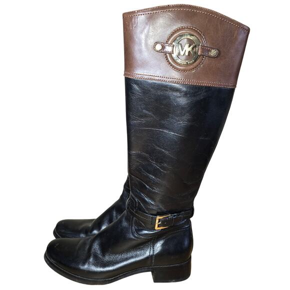 Michael Kors Womens Stockard Two Toned Riding Boots Leather Black Luggage Sz 8.5 - Picture 2 of 8